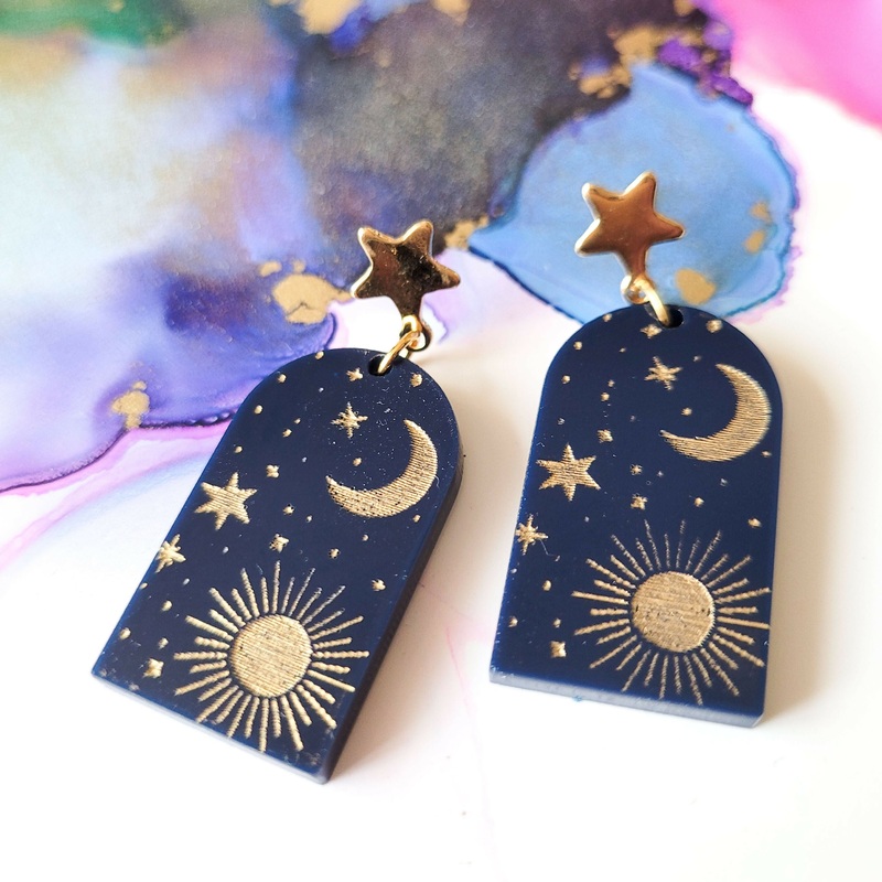 Handmade Starry Night Navy And Gold Resin Earrings