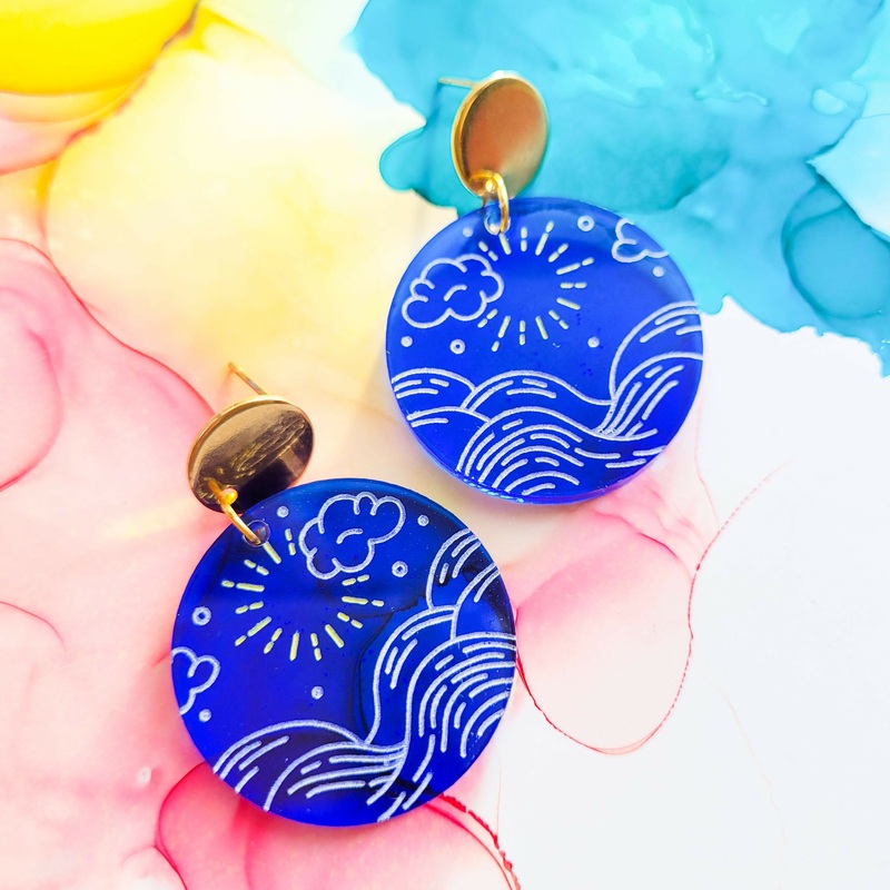 Handmade Sun And Waves Seaside Blue Resin Earrings