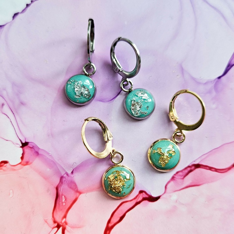 Handmade Turquoise And Metallic Leaf Resin Charms On Huggie Hoops