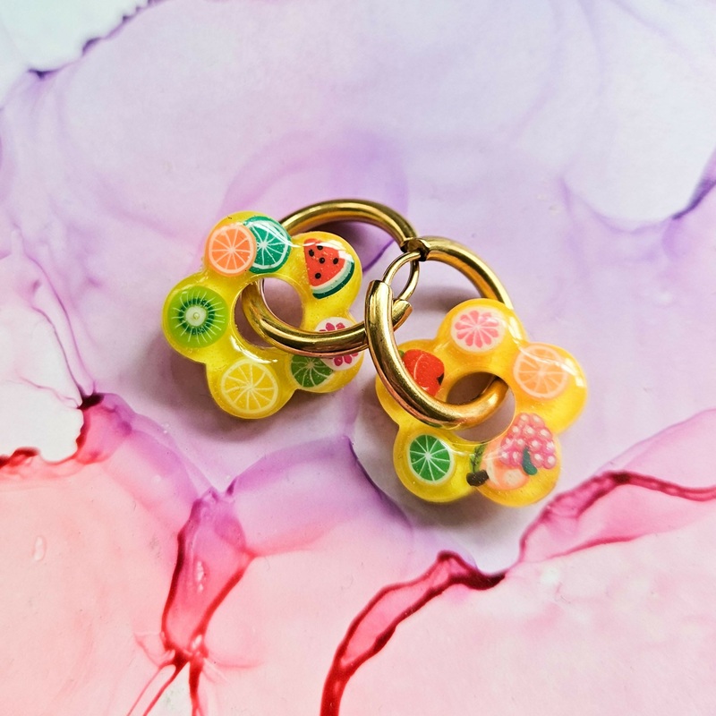 Handmade Yellow And Encased Fruit Slices Flower Resin Charms On Chunky Hoops