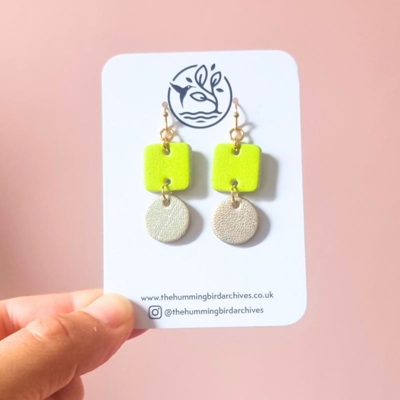 Neon Yellow Square and Gold Circle Earrings