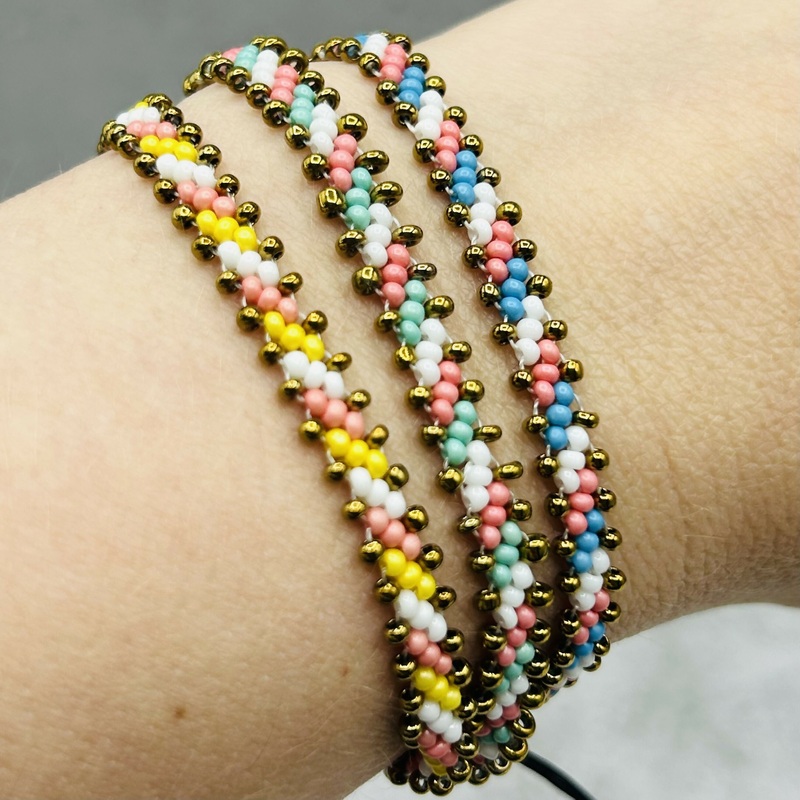 Pastel Stripe Beaded Bracelets  Handmade with Gold Accent Edging