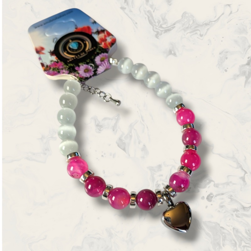 Pink Striped Agate & White Cat Eye Memorial Urn Bracelet