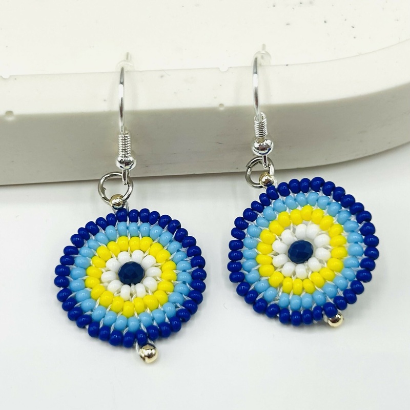 Beaded Evil Eye Circle Earrings  Handmade Mediterranean Jewellery, Protection Charm