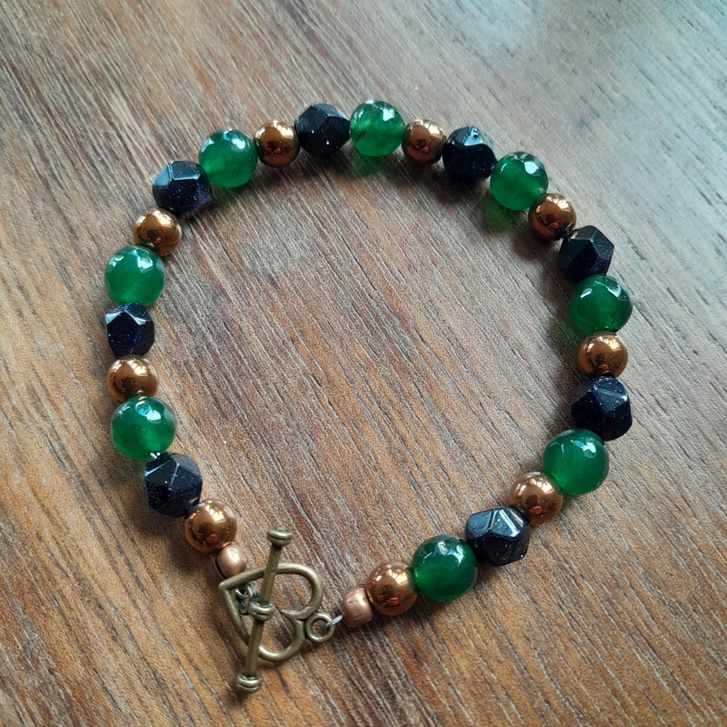 Bronze Toggle Catch Bracelet With Copper Hematite, Faceted Blue Goldstone, Green Chalcedony.