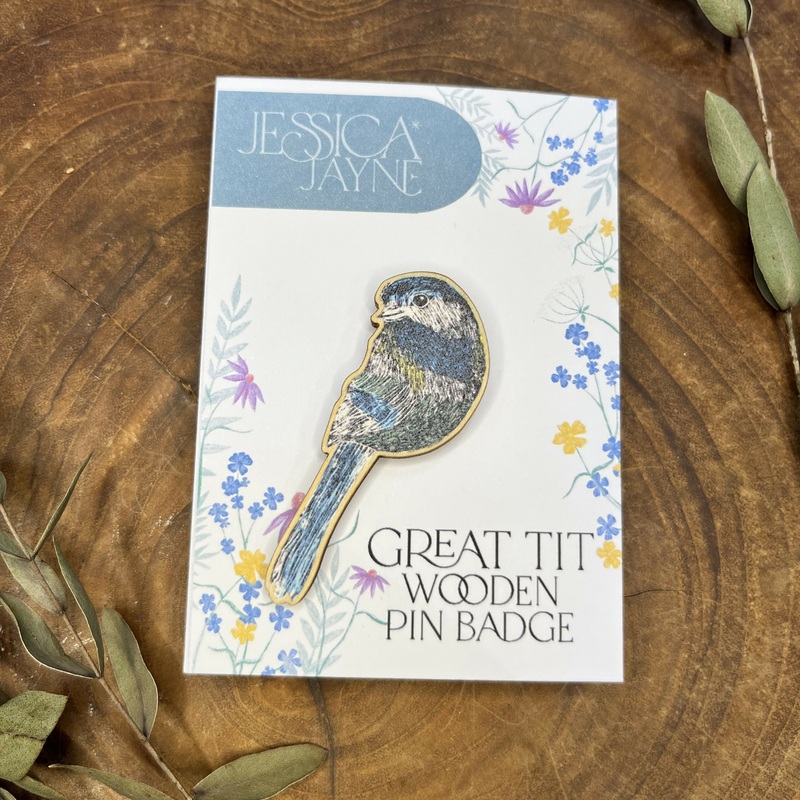 Great Tit Wooden Pin Badge