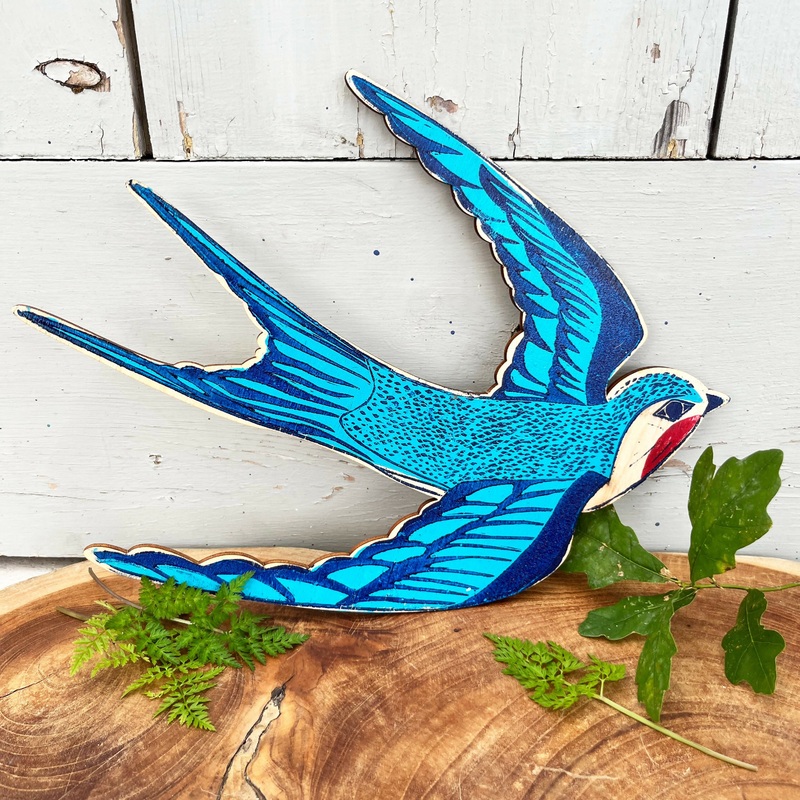 Handprinted Swallow Wooden Wall Plaque