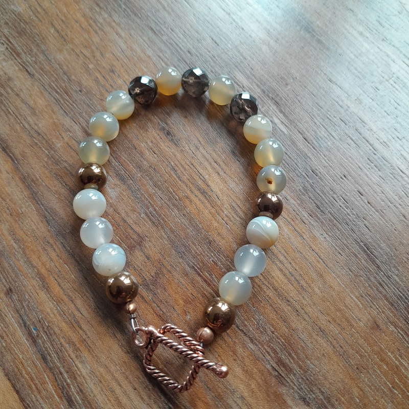 Pure Copper Toggle Catch Bracelet with Copper Hematite, Banded Grey Agate, Faceted Brown Quartz.