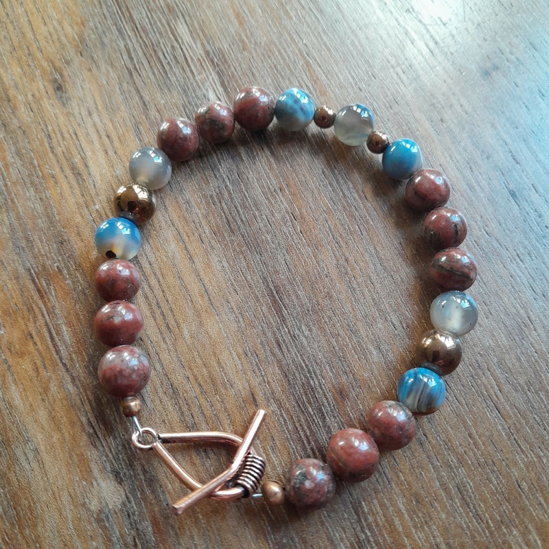 Pure Copper Toggle Catch Bracelet with Red Sesame Jasper, Blue Dream Agate, Copper Hematite.