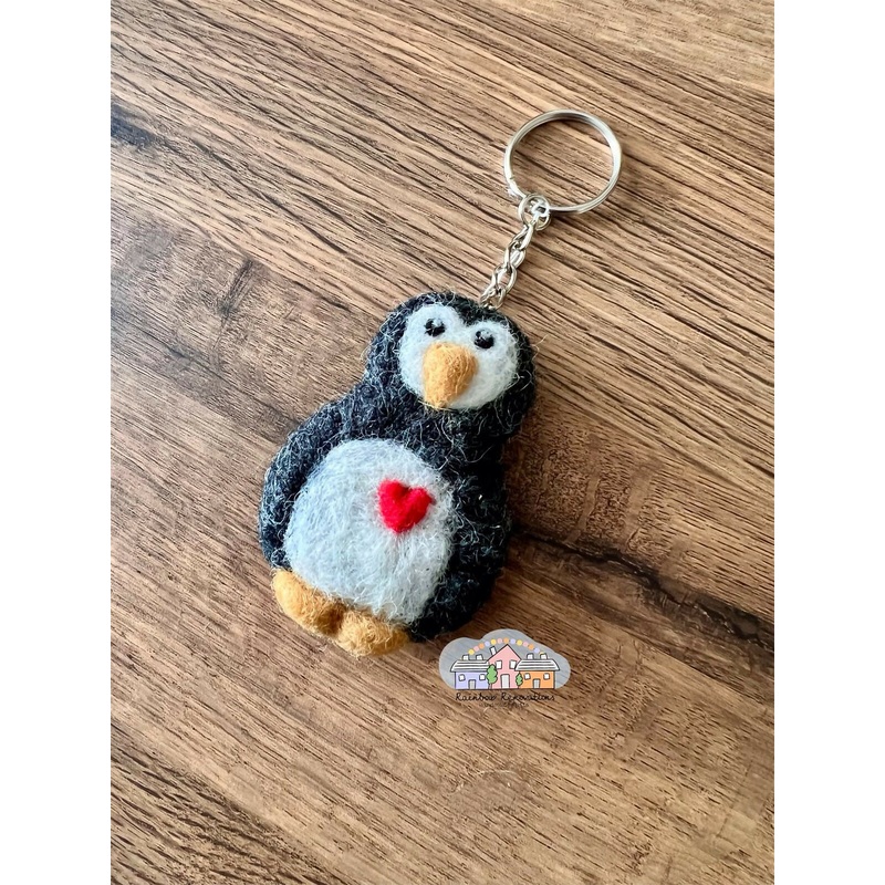 Felted Penguin with Heart Keyring