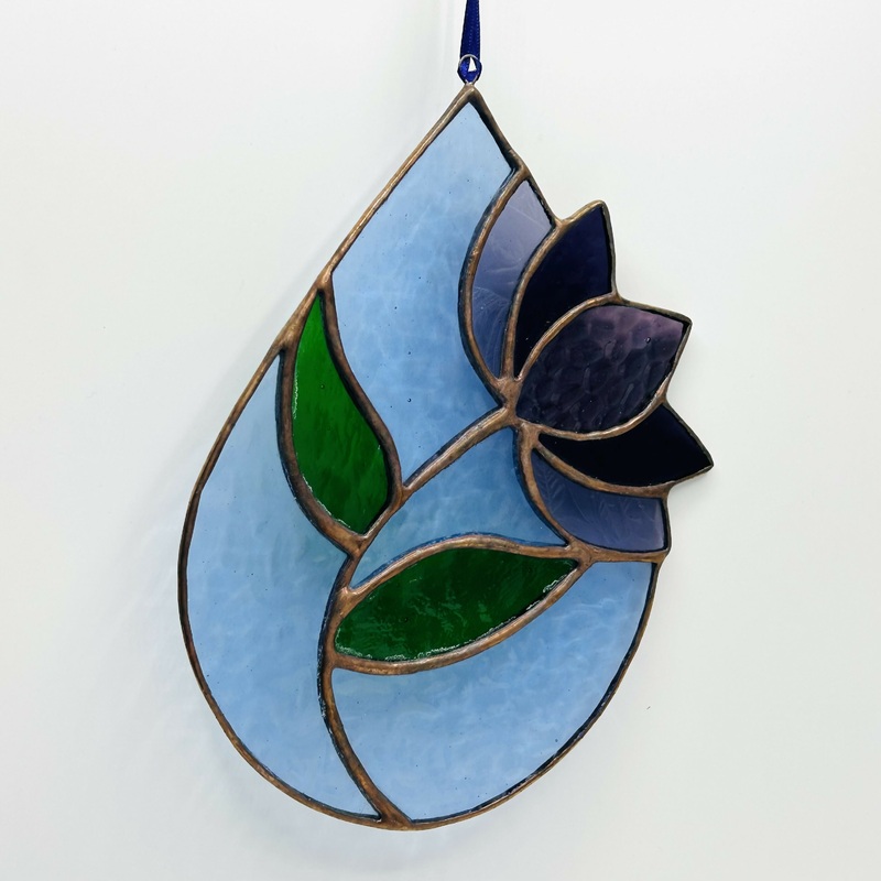 Glass Blue Bloom Floral Hanging Panel