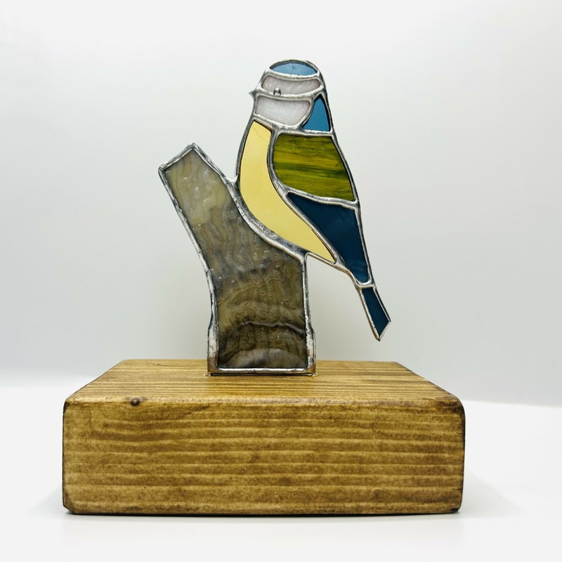 Glass Blue Tit Mounted on Wooden Base