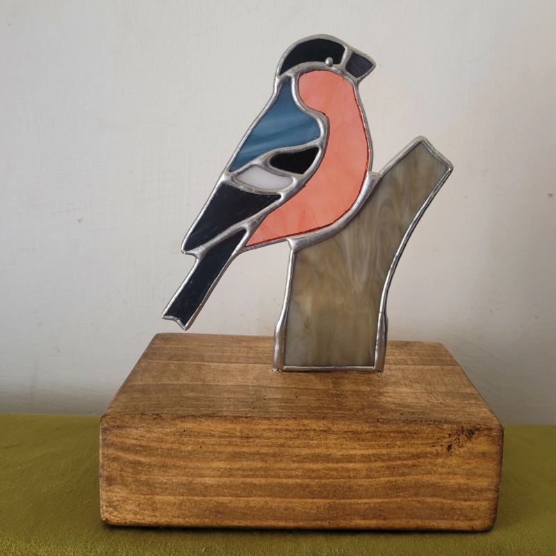 Glass Bullfinch Mounted on Wooden Base