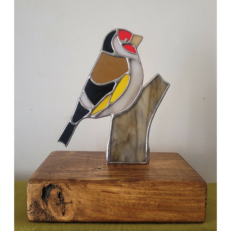 Glass Goldfinch Mounted on Wood