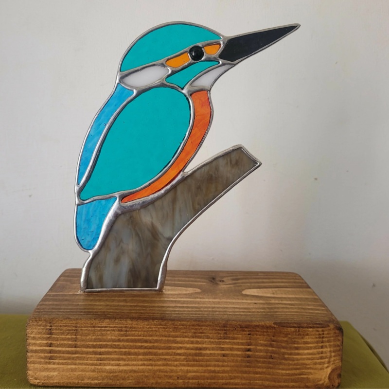 Glass Kingfisher Mounted on Wooden Base
