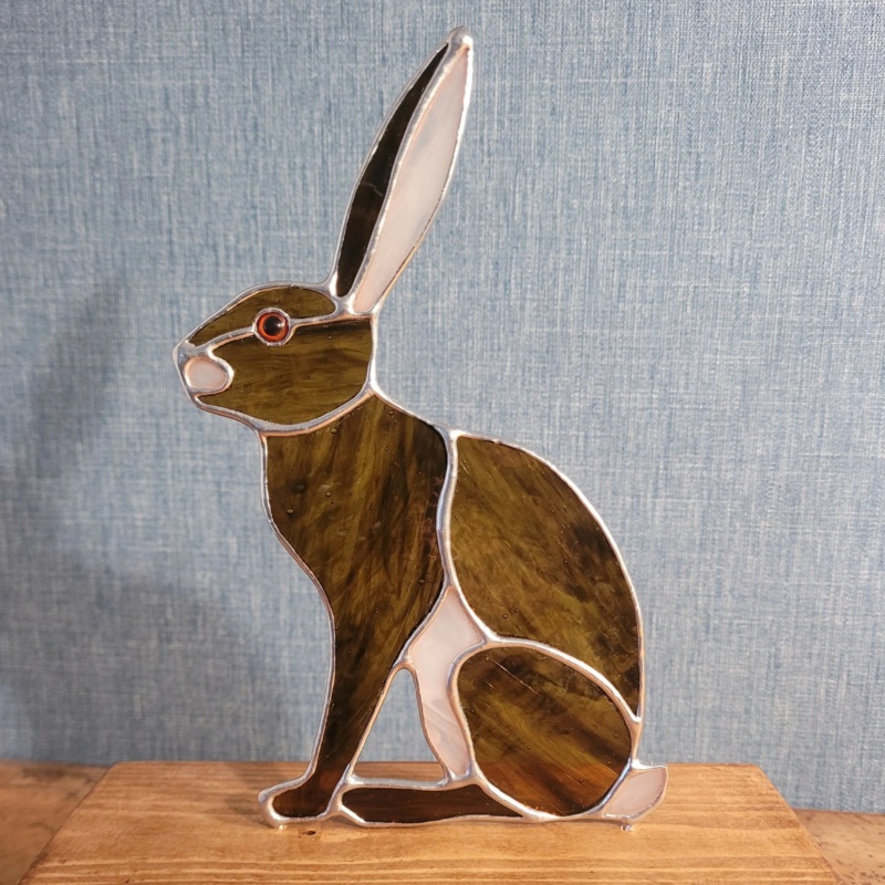 Glass Sitting Hare Mounted on Wooden Base
