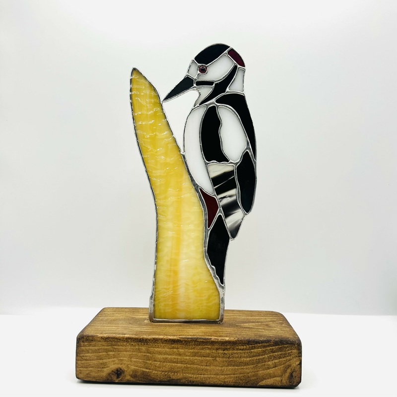 Glass Spotted Woodpecker Mounted on Wooden Base