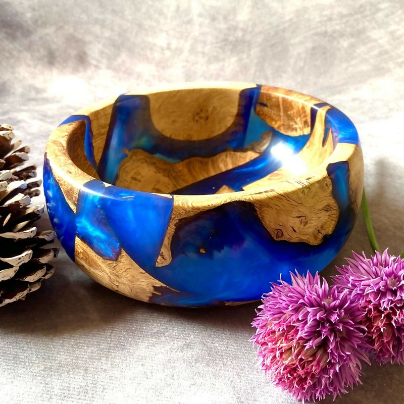 Handmade Bowl in Beautiful Mappa Burr Offcuts and Cobalt Blue