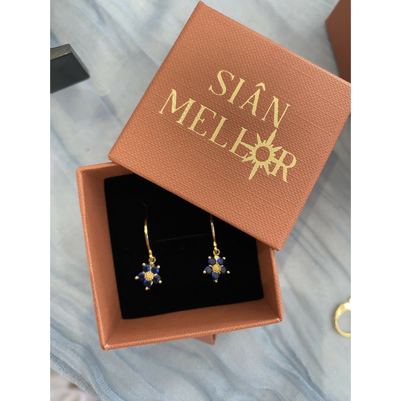 Navy Flower Huggie Hoops