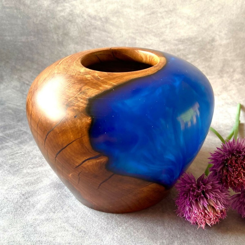 Sculptural Hollow Form in Cobalt Blue and Apple Wood