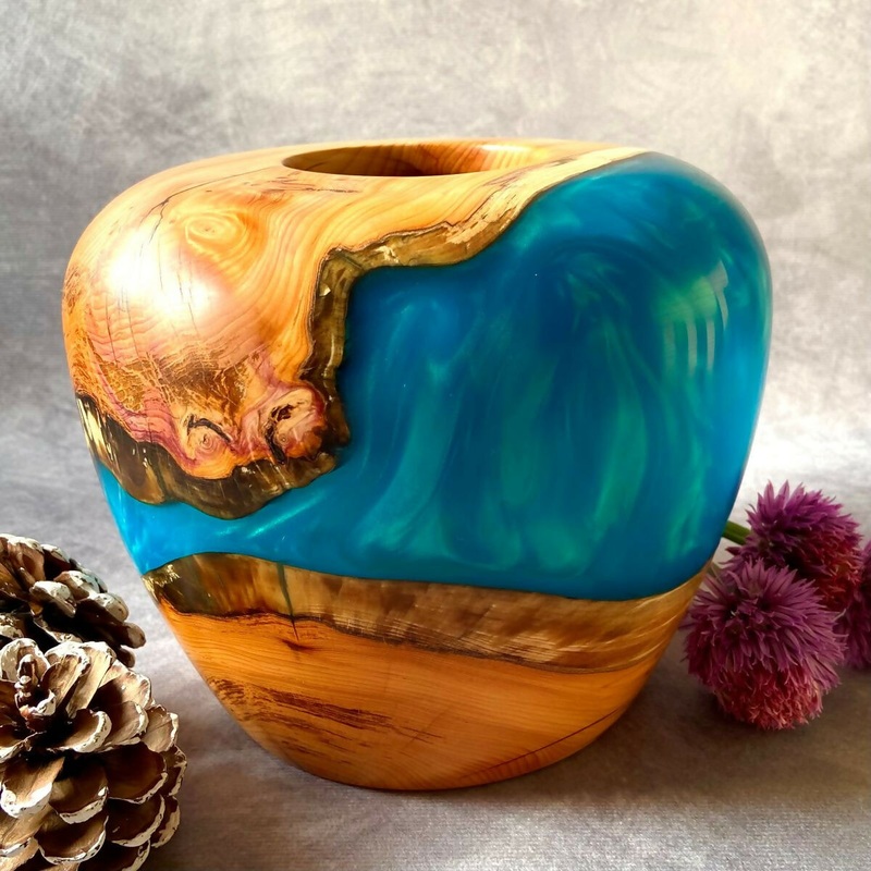 Stunning Large Hollow Form in English Yew and Turquoise Resin