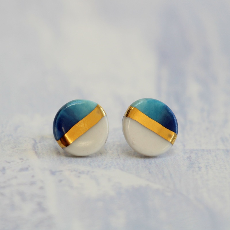 Blues and Gold Circle Porcelain Stud Earrings
