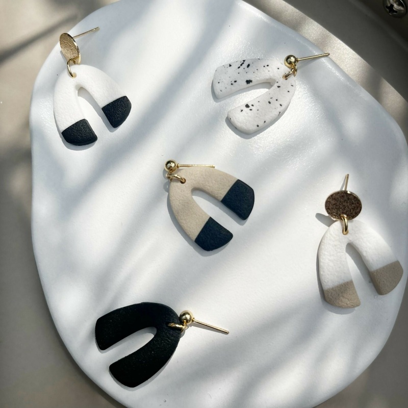 Coastal Clay Arch Earrings|Sand and Black|Mono Arch|White and Sand|Sand|Speckle|Black|white and gold|pumpkin