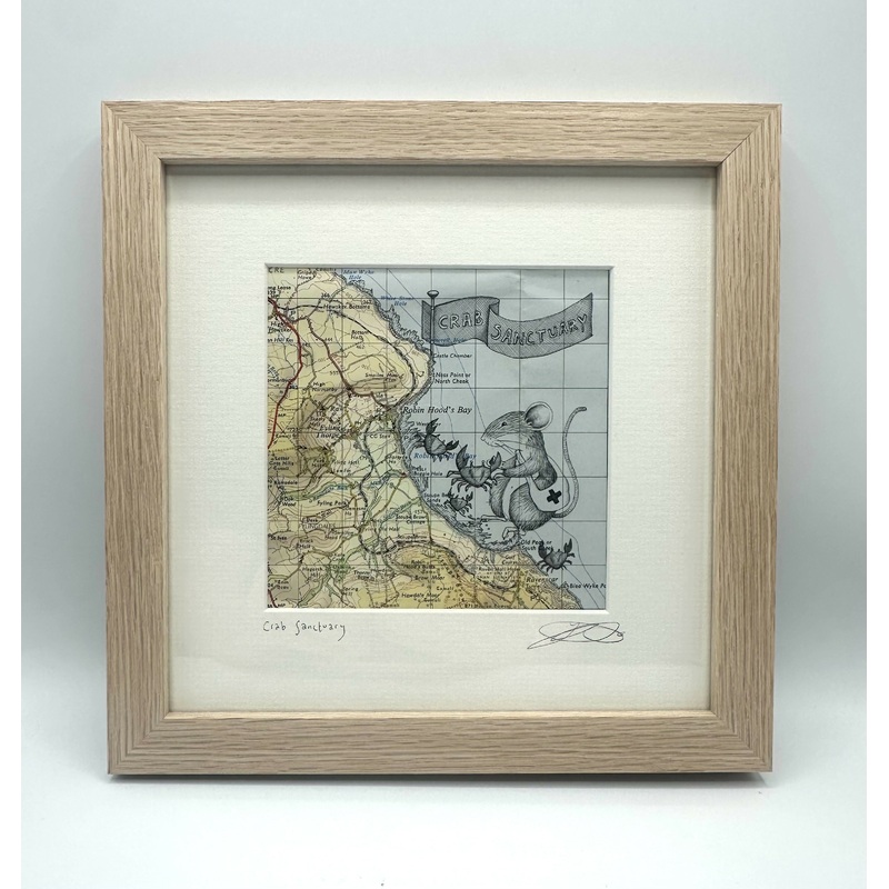 Crab Sanctuary – Original Pen Drawing on Vintage Map ( ROBIN HOODS BAY) by Jenny Davies