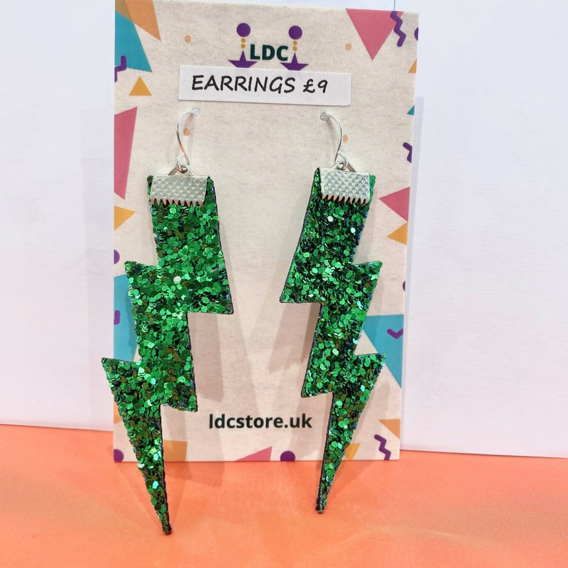 Flash Lightning Bolt Earrings in Emerald Green Glitter