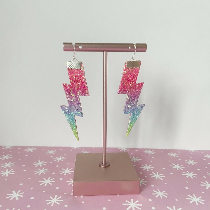 Flash Lightning Bolt Earrings in Rainbow Glitter