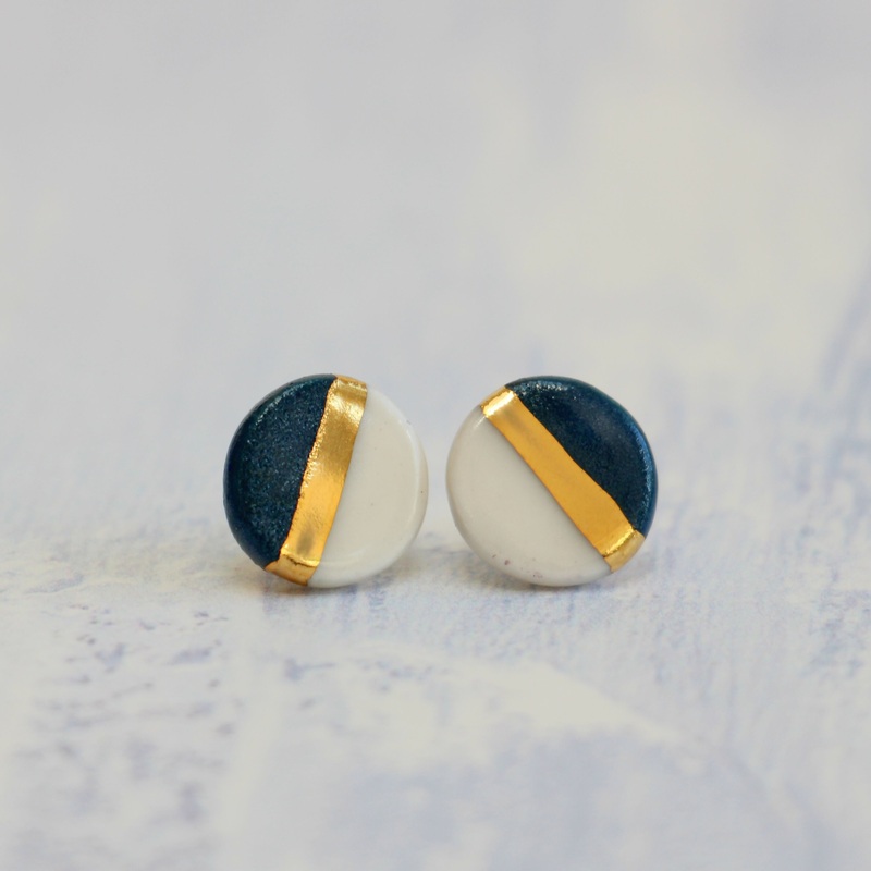 Forest Green and Gold Circle Porcelain Stud Earrings