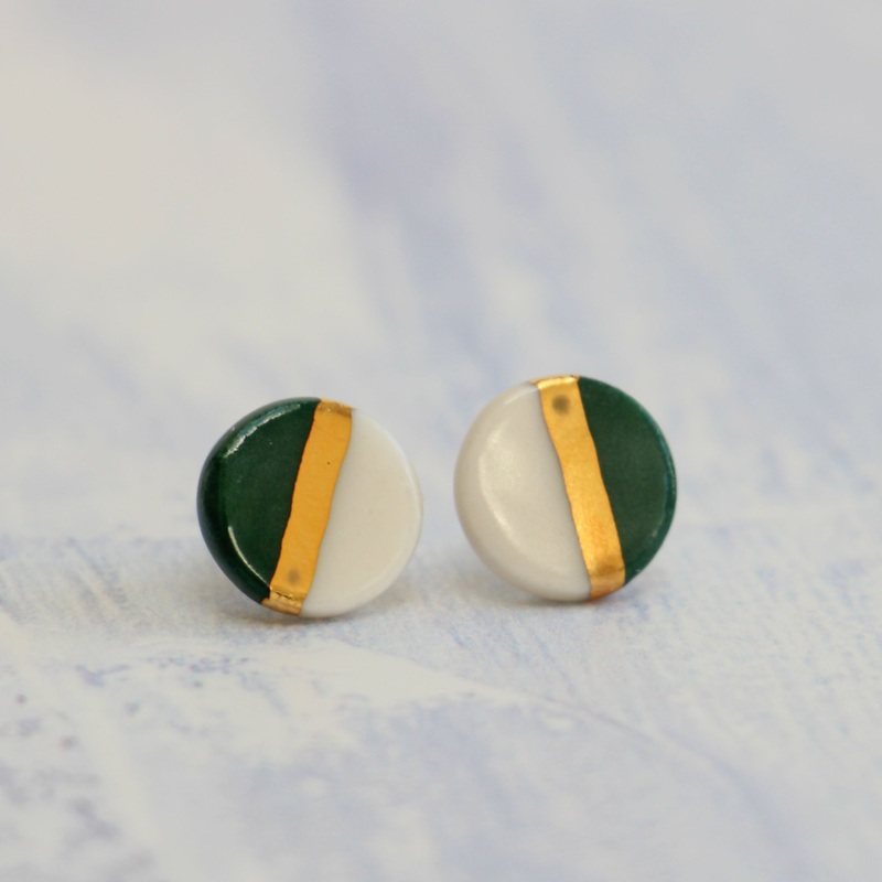 Green and Gold Circle Porcelain Stud Earrings