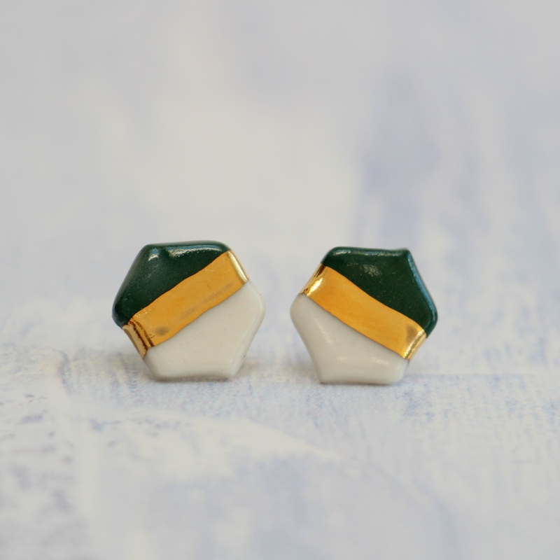 Green and Gold Hexagon Porcelain Stud Earrings