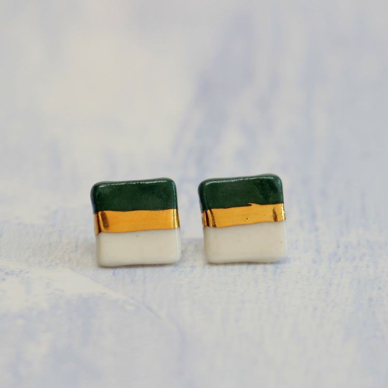 Green and Gold Square Porcelain Stud Earrings