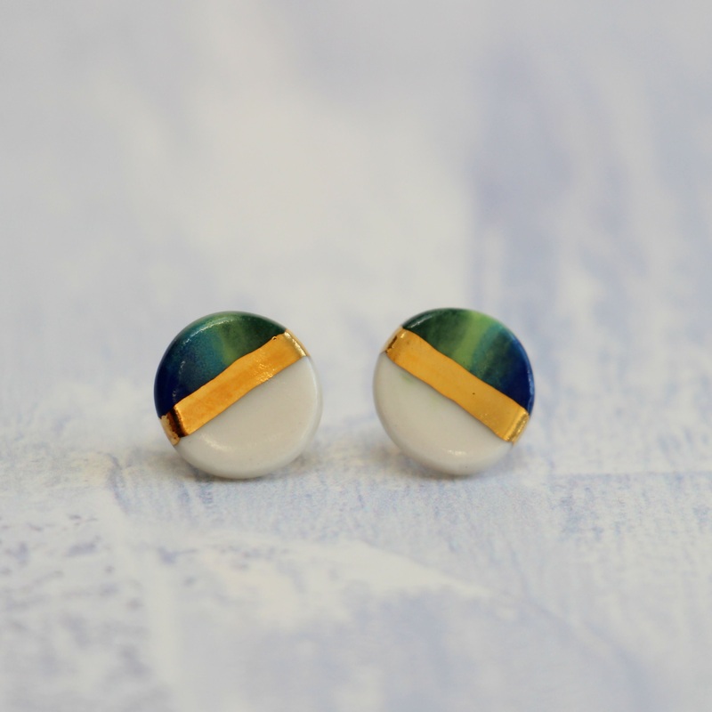 Green, Blue and Gold Circle Porcelain Stud Earrings