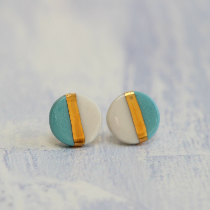 Light Blue and Gold Circle Porcelain Stud Earrings