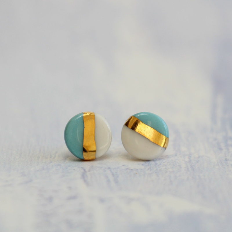 Light Blue and Gold Small Circle Porcelain Stud Earrings