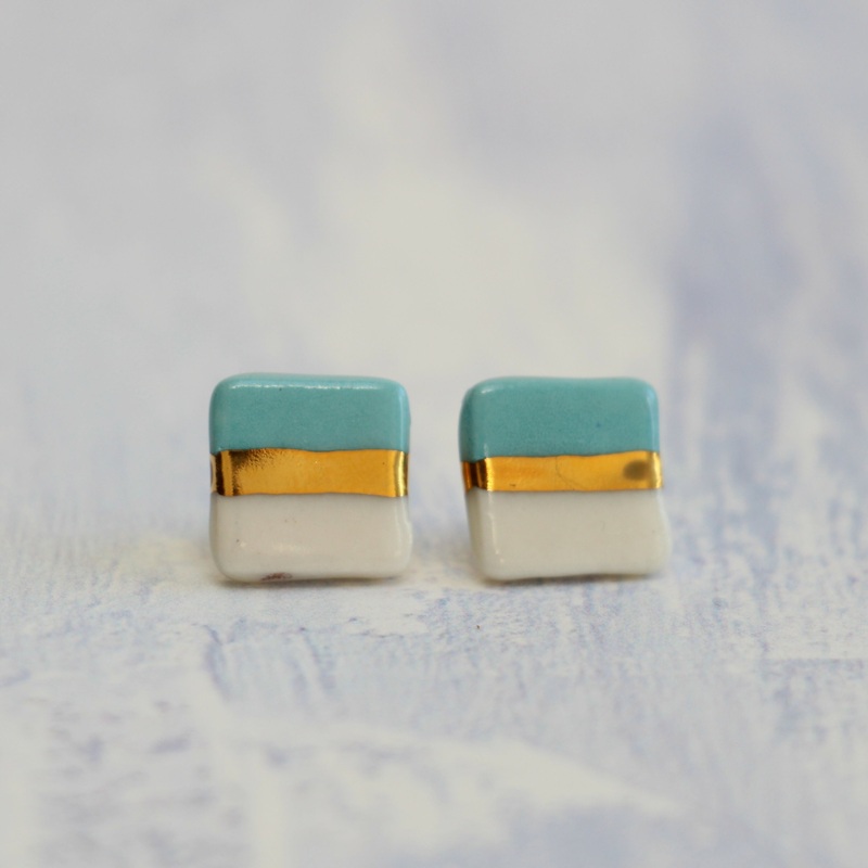 Light Blue and Gold Square Porcelain Stud Earrings