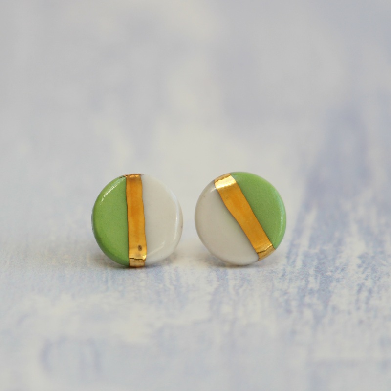 Lime Green and Gold Circle Porcelain Stud Earrings