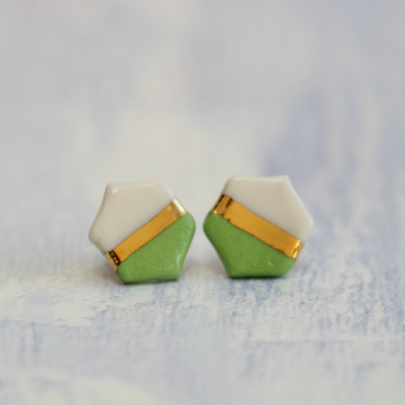 Lime Green and Gold Hexagon Porcelain Stud Earrings