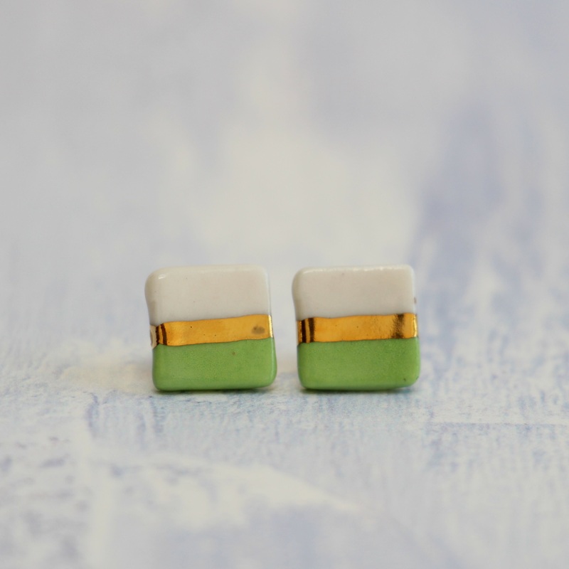 Lime Green and Gold Square Porcelain Stud Earrings