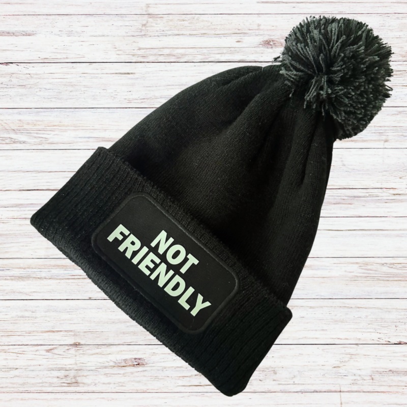 Not Friendly Cuffed Rectangular Patch Bobble Hat