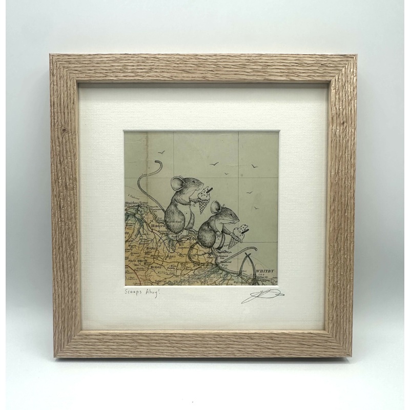 Scoops Ahoy – Original Pen Drawing on Vintage Map (WHITBY) by Jenny Davies