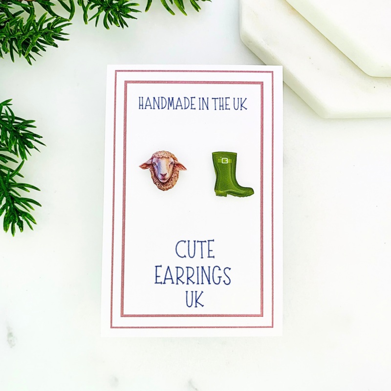 Sheep & Green Wellington Boot Mismatched Stud Earrings