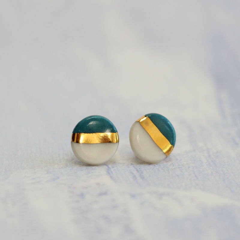 Teal and Gold Small Circle Porcelain Stud Earrings