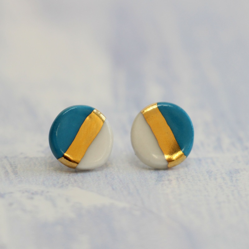 Turquoise and Gold Circle Porcelain Stud Earrings