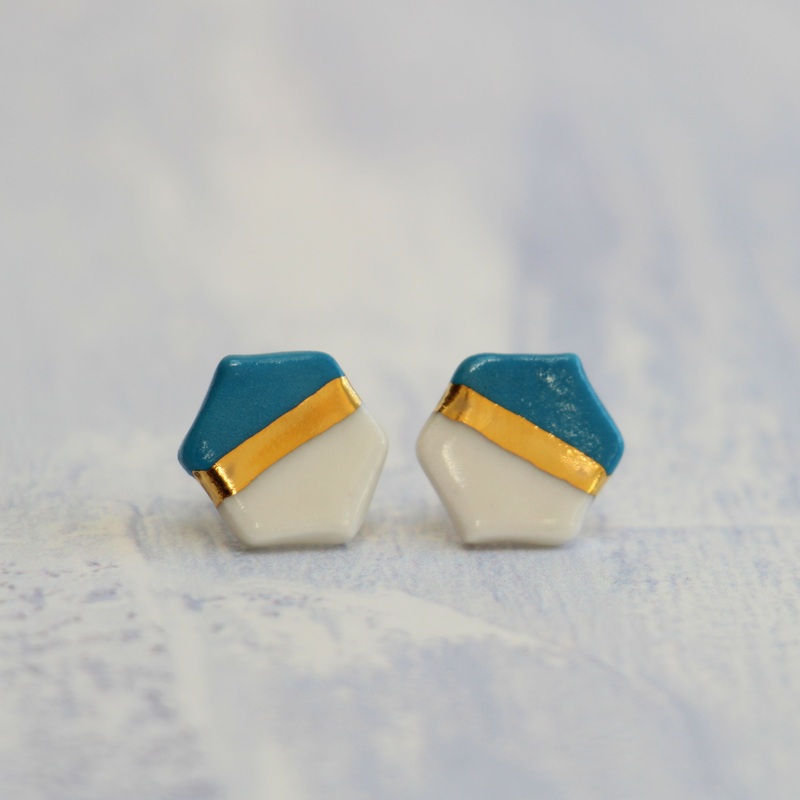 Turquoise and Gold Hexagon Porcelain Stud Earrings