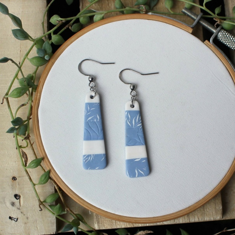 Blue And White Texture And Print Trapezoid Earrings