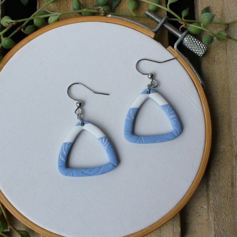 Blue And White Texture And Print Triangle Earrings