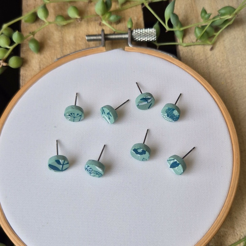 Blue Leaf Print Stud Earrings